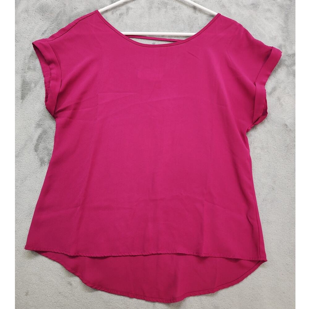 Pink Rose Scoop Neck Lattice Cutout Back Cuffed Sleeve Blouse Size M Pink Office